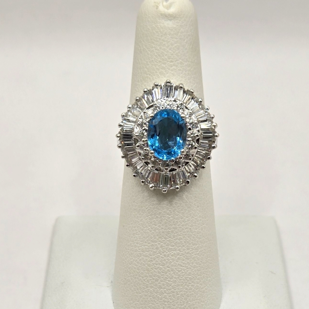Blue Topaz and Sterling Silver Cocktail Ring Ballerina Halo Design Size 6